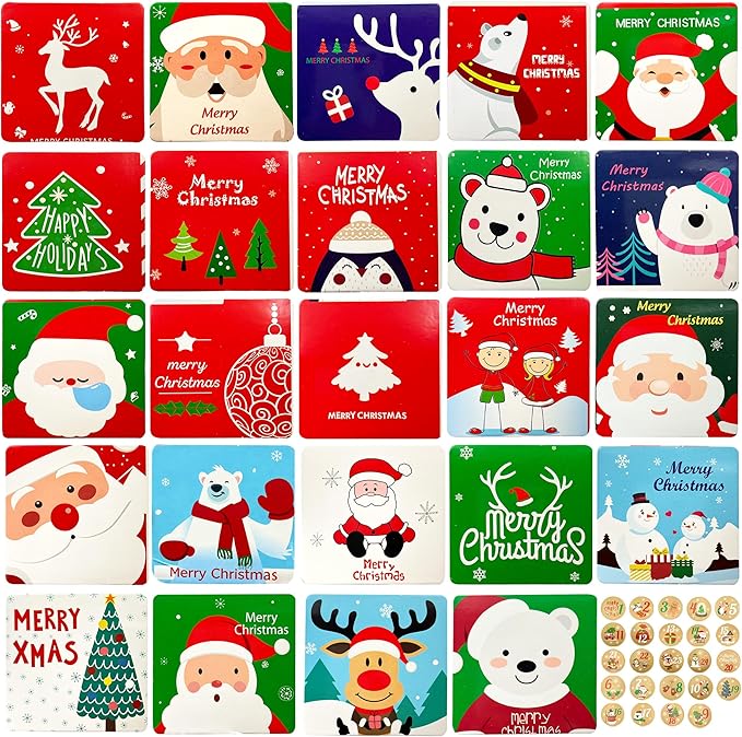 24 Christmas card with Envelopes& Sticker categories, holiday cuteness multiple loose cards with envelopes and written blessing messages, can be given to friends, family, children, boys and girls (Red)