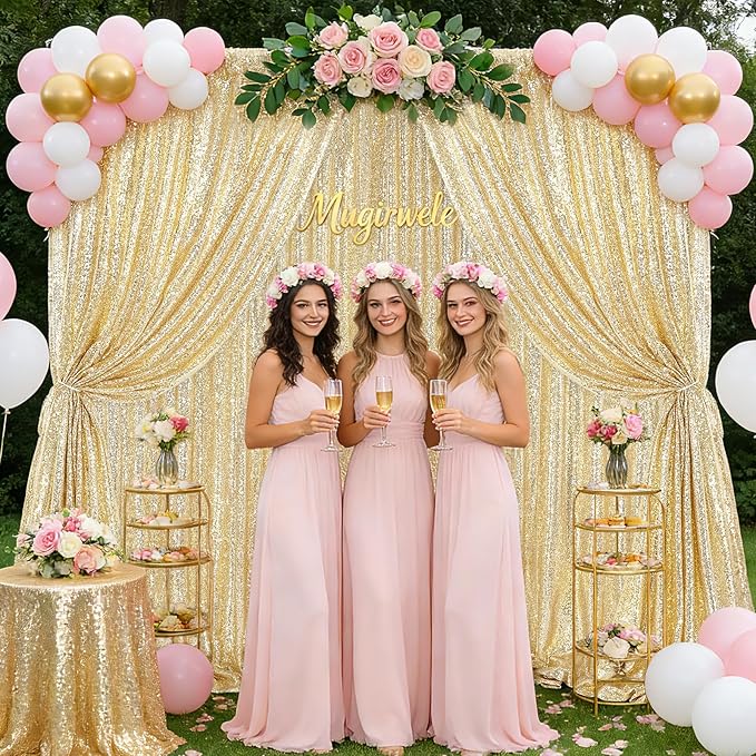 B-COOL Light Gold Sequin Backdrop Curtains 2 Packs 2ftx8ft Sparkle Backdrop Fabric Glitter Backdrop for Party Ceremony Wedding Birthday Decoration