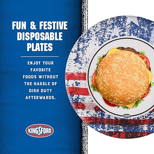 Kingsford Heavy Duty Paper Plates, Patriotic American Flag Disposable Dinner Plates for BBQ Parties, Tailgates, and Outdoor Cookouts, Durable Party Tableware, 10 Inch, 35 Count