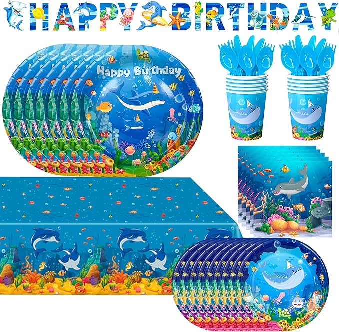Under The Sea Party Supplies Serves 24, Ocean Sea Party Tablewear Set, Ocean Themed Party Decorations Plates Cups Napkins Tablecloth Banner etc Ocean Animal Party Tableware