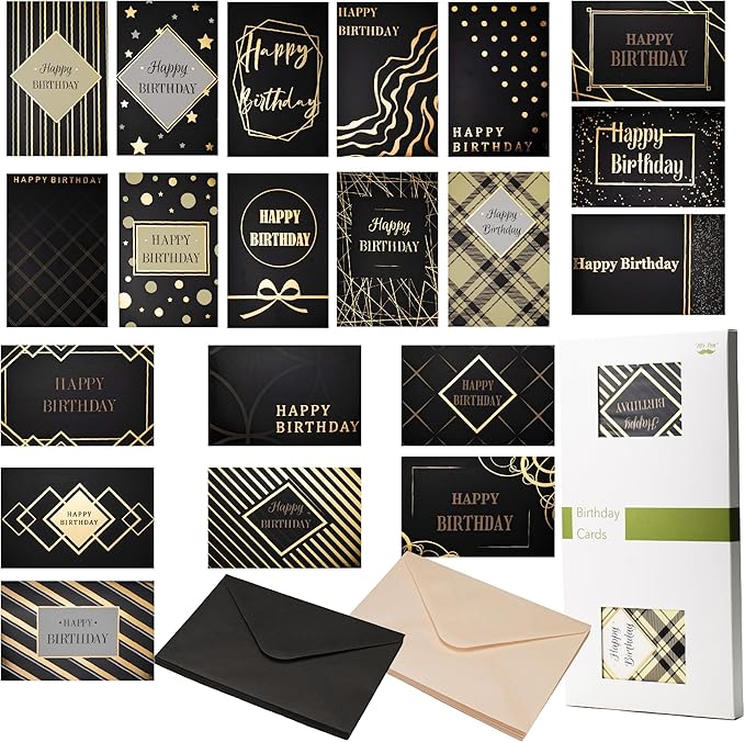 Mr. Pen- Birthday Cards with Envelopes, 20 Pack, 4" x 6", Black with Gold Foil, Blank Inside, Greeting Cards Birthday