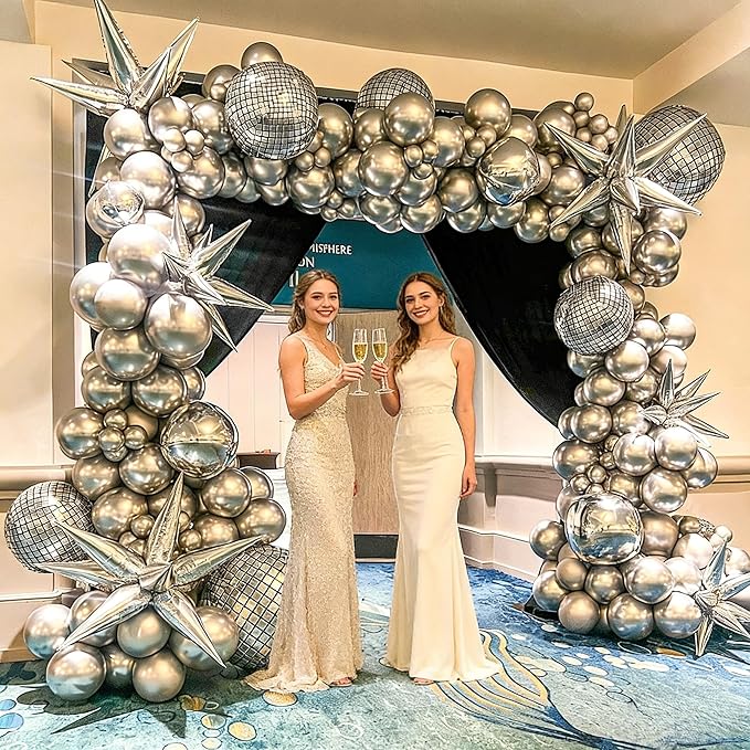 22 Inch Large 4D Metallic Silver Disco Ball Balloon with Explosion Star Foil Balloons for 70s 80s 90s Themed Party, Birthday, New Year, Graduation