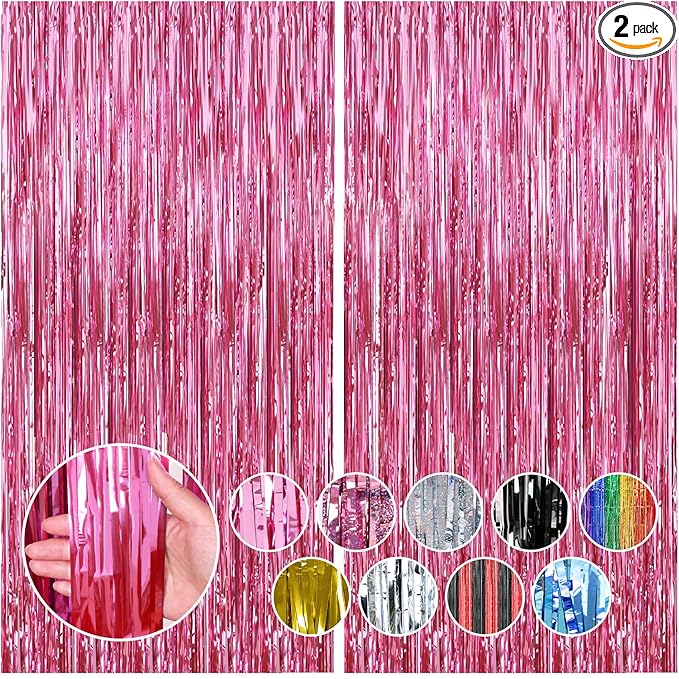 RUBFAC 2 Pack Pink Foil Fringe Curtains Party Decorations Tinsel Metallic Streamers Photo Booth Streamer for New Year Decorations Bachelorette Wedding Engagement Baby Shower Birthday Holiday