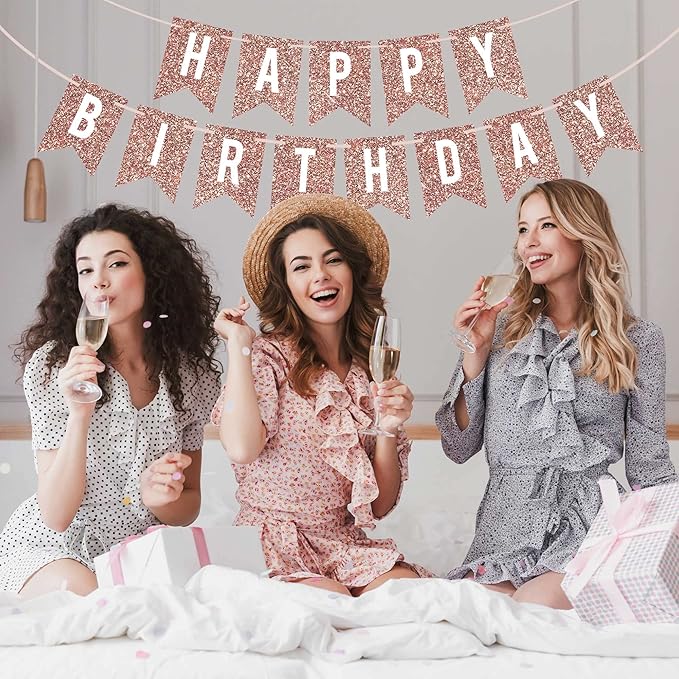 Pre-strung Happy Birthday Banner - No DIY - Rose Gold Glitter Birthday Party Banner - Pre-strung Garland on 6 ft Strands - Rose Gold Bday Party Decorations & Decor. Did We Mention No DIY