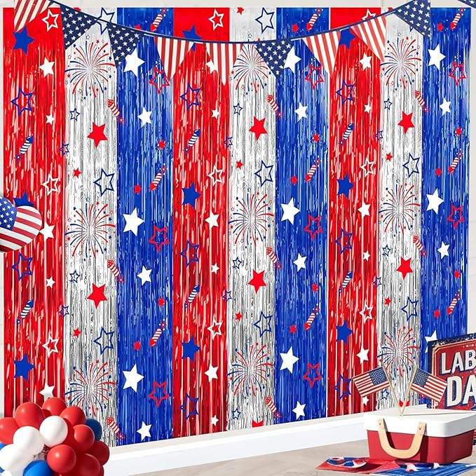 4th of July Decorations 3 Pack Foil Fringe Garland Tinsel Curtains, Red White Blue Hanging Fringe Backdrop Banner, Photo Booth Prop for Patriotic Party Decor (Streamers 3)