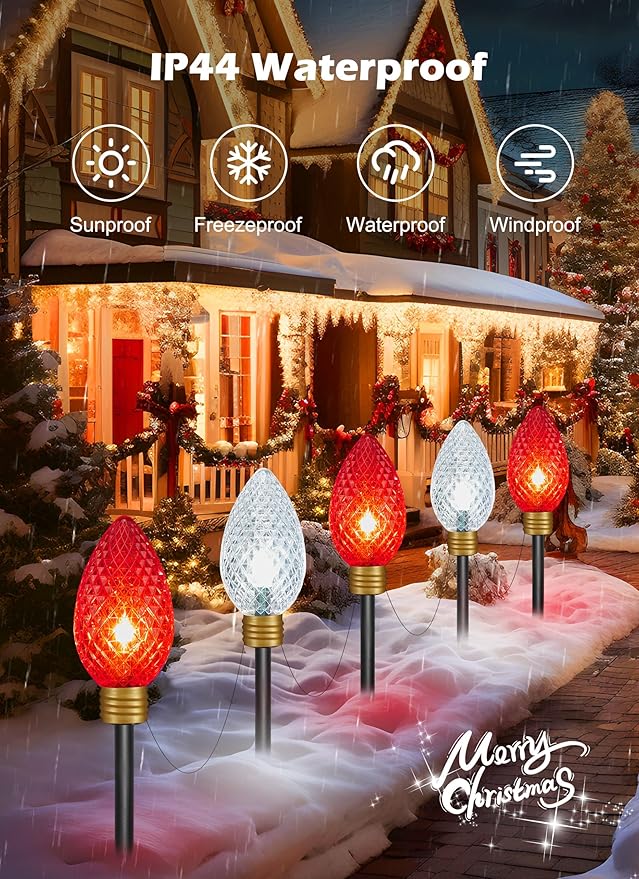 2 Pack 11Feet 5 LED Super Jumbo Christmas String Lights, Outdoor Xmas Decorations - Jumbo C9 Hanging Lights Waterproof Lawn Dec for Holiday Home Tree Roof Yard, Red & White