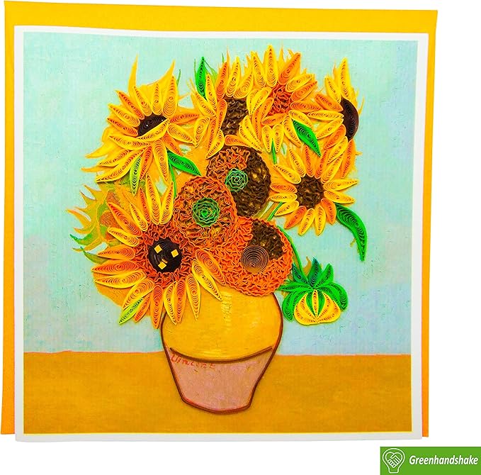 GREENHANDSHAKE Van Gogh's Vase with Sunflowers (1888) Quilling Art Greeting Card,Design Greeting Card for Birthday, Valentine's Day, Get Well, All Occasion. Framable Artwork for Art Lovers