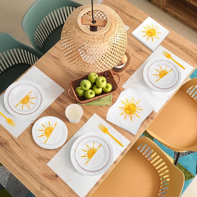 Kochorie 144 Pieces Boho Sun Birthday Party Decorations Tableware Sets Including Disposable Bohemia Sunshine Plates Napkins Cups Forks Serves 24 for Sun Baby Shower Party Supplies
