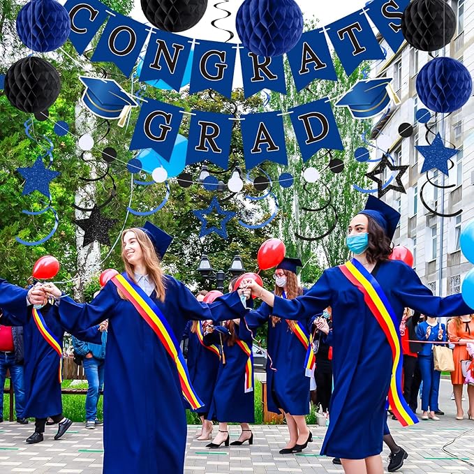 Blue and Black Congrats Grad Banner 2026 Graduation Decorations with Hanging Swirl Honeycomb Ball Circle Garland Grad Party Favor Supplies for College Senior High School Classroom Decor