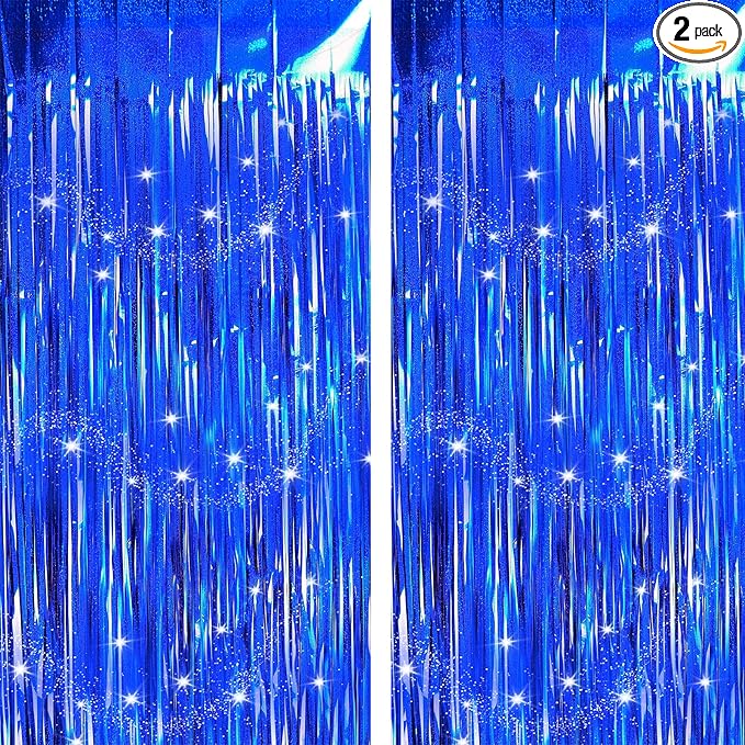 Blue Backdrops Curtains Party Decorations, Tinsel Streamers Birthday Decoration for Easter Decoration, Photo Booth Props for Graduation, Wedding, 2Pack 3.28X8.2Ft