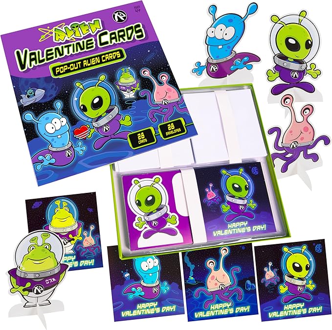 Kangaroo 28 Pack Alien Pop Out Bulk Funny Valentines Day Cards for Kids School - Includes Envelopes & Stickers, Fun Space Themed Valentines for Class Exchange Cards, School Party Favors for Boys