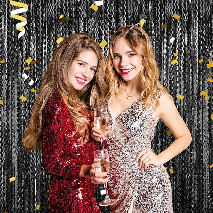 4 Pack Black Wave Foil Fringe Curtain Backdrop, 3.28Ft x 8.2Ft Metallic Tinsel Foil Fringe Streamer Curtains for Photo Booth, Mother's Day, Easter, Birthday, Wedding Party Decoration