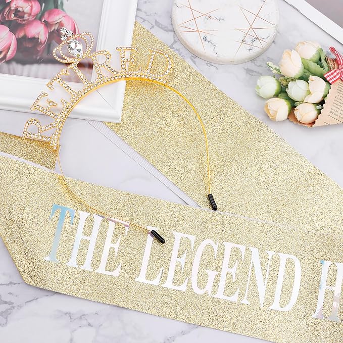 SuPoo Retirement Sash for Women Gold Retired Headband Tiara Retirement Gifts The Legend Has Retired Sash Crown Elegant Retirement Party Decorations Party Supplies