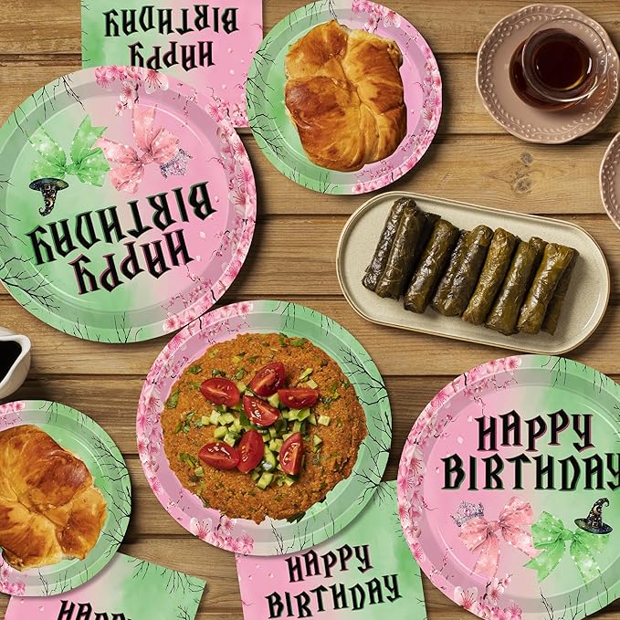 140pcs Pink and Green Witch Party Decorations Tableware, Witch Table Centerpieces Party Supplies, Tableware Set Paper Cups for Girls Birthday Party Decorations Severs 20 Guests