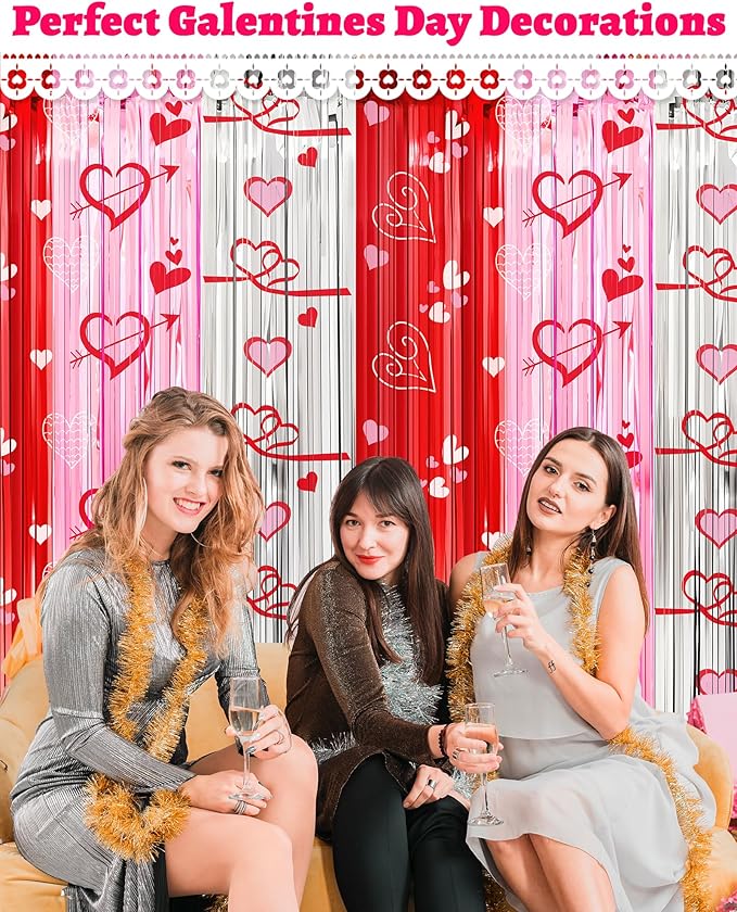 Valentines Decorations Foil Fringe Curtains for Party, 2 Pack 3.3 x 6.6 FT Galentines Day Decorations Red Pink Silver Tinsel Streamer, Valentines Backdrop Heart Decoration for Birthday Wedding