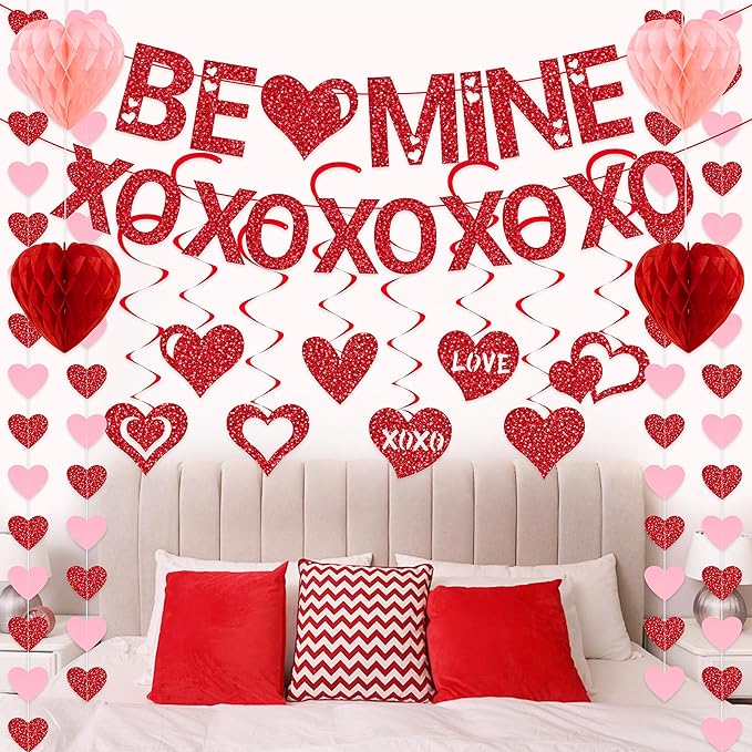 Pre-Strung Valentines Day Decorations, Red BE Mine XO Valentine's Banner,Heart Garlands & Hanging Swirls & Heart Honeycomb for Party Supplies, Valentines Decor Home Anniversary Wedding Bedroom