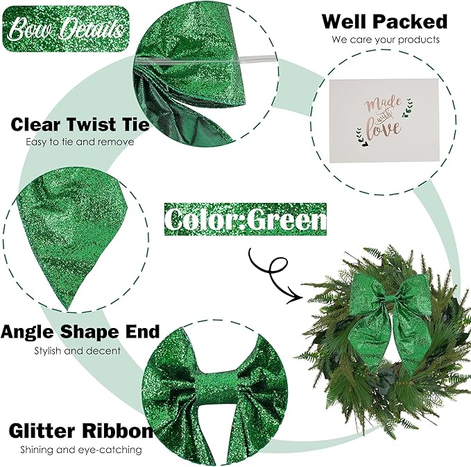 AIMUDI Green Glitter Wired Ribbon Bows with Twist Tie 5.5" Premade Metallic Christmas Bows for Gift Wrapping, Wreath, Garland, Holiday Crafts Party Home Outdoor Christmas Tree Decorations, 12 PCs