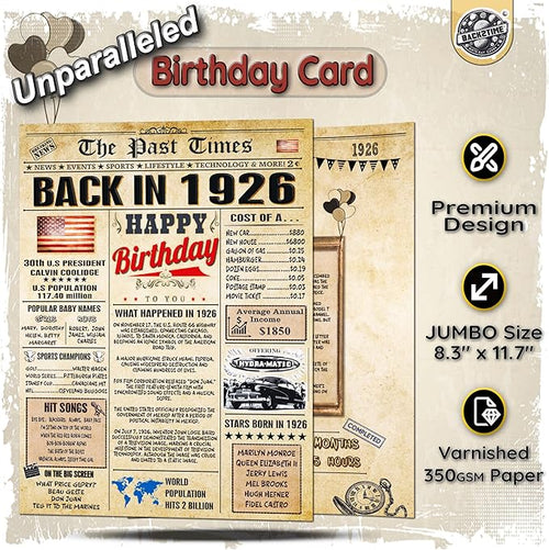 100th Birthday Cards for Men & Women - Back In 1926 Newspaper (A4 Bday Card + Envelope) Large HAPPY BIRTHDAY Decorations for Her Him Vintage Funny card for Wife Husband & Grandparents 100 years