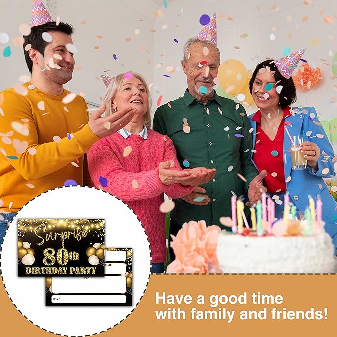 YSTEP 80th Birthday Party Invitations, 20 Black Gold Invite Cards with Envelopes, 4"x6" Foil Balloon Birthday Invites - B15