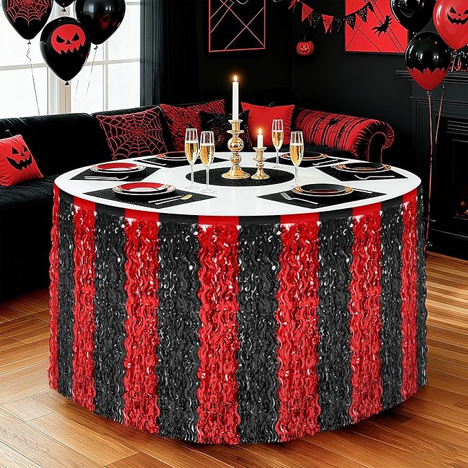 2 Pack Desk Skirt, Black Red Desk Grass Skirt for Table, Halloween Metallic Wavy Tinsel Foil Fringe Table Skirts, Foil Table Skirt for Halloween Graduations Birthday Indoor Party Decorations