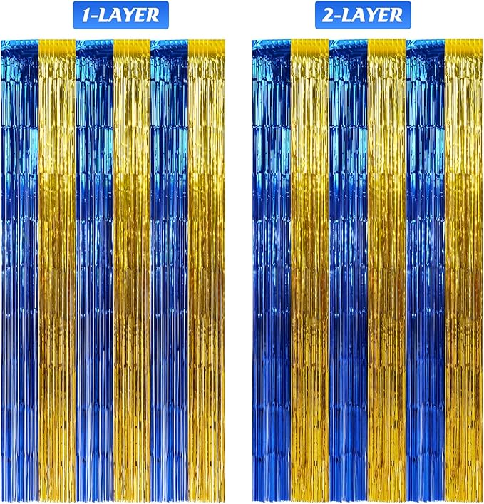 6 Pack 3.3Ft x 6.6Ft Graduation Foil Fringe Curtain Backdrop Decorations, Blue Gold Metallic Tinsel Foil Streamers Curtain Photo Booth Background for Graduation Prom Wedding Birthday Party Decorations