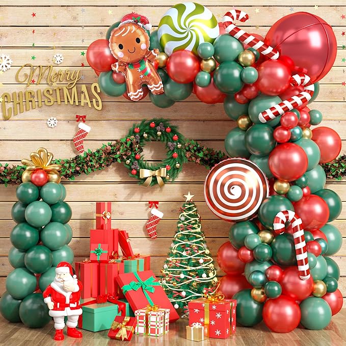 Christmas Balloon Garland Kit, 108PCS Retro Dark Green Red Gold Balloons Arch with 4D Balloons, Xmas Candy Cane Gingerbread Windmill Foil Balloons for Christmas New Year Winter Party Decorations