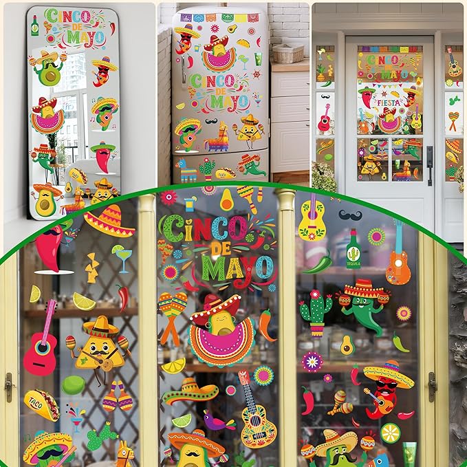 72 PCS Cinco De Mayo Decorations, 9 Sheets Cinco De Mayo Window Clings, Double-Sided Mexican Stickers with Tacos Guitars Cactus Peppers Designs, Fiesta Party Decor for Window Glass Home Store