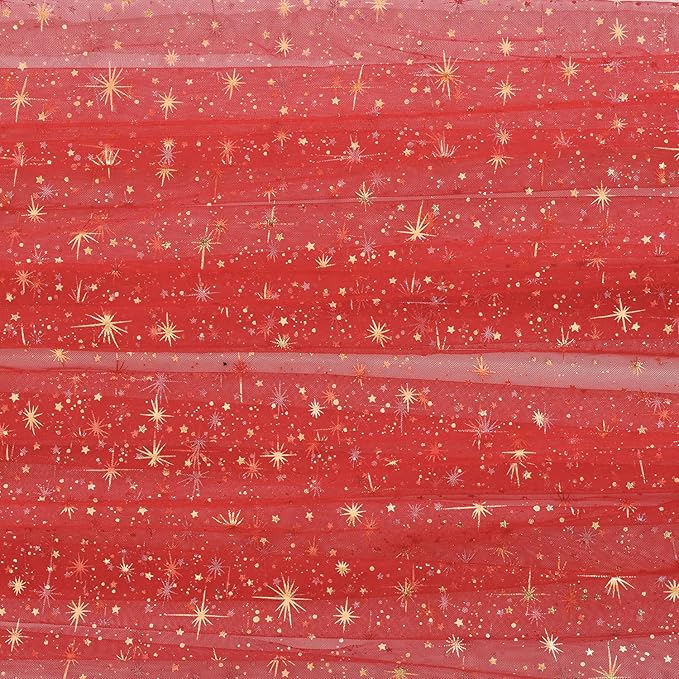 Horaldaily Red Gold Sparkling Star Gauze Tablecloth 60x84 Inch Rectangular, Golden Star Sequin Glitter Metallic Foil, Sheer Tulle Cheesecloth for Wedding Baby Shower Party