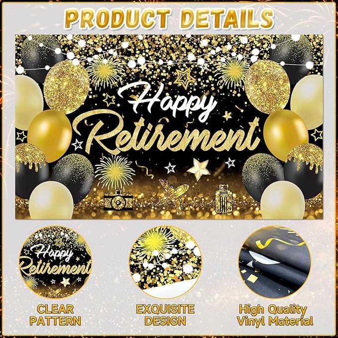 Happy Retirement Party Decorations for Men and Women - Black and Gold Banner, Backdrop Card, Sash, Hanging Swirls, Foil Balloons, Honeycomb Centerpieces