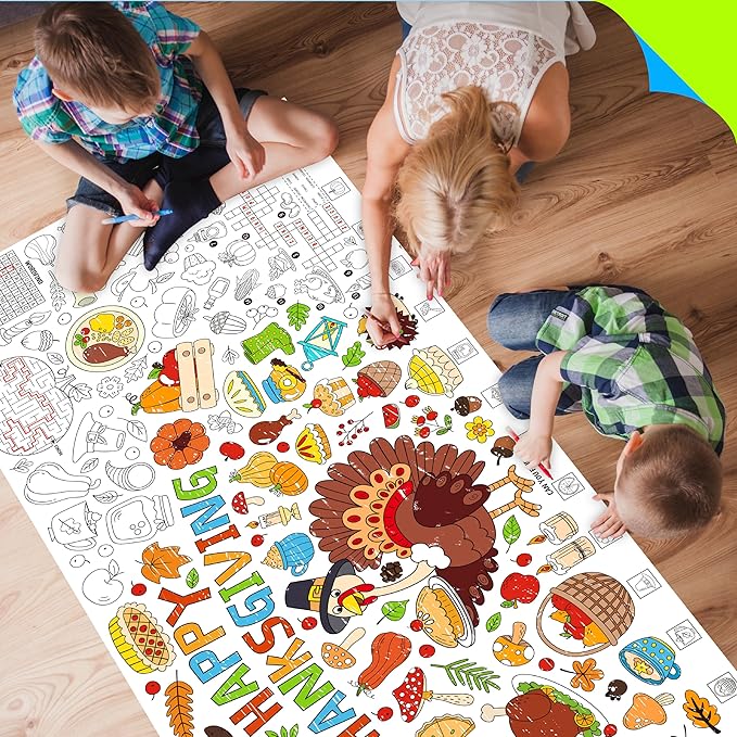 Thanksgiving Coloring Poster, Large Coloring Activity Paper 75” x 31” Jumbo Size Versatile Paper DIY Painting Drawing Banner/Tablecloth for School, Autumn Theme Parties, Wall Decor