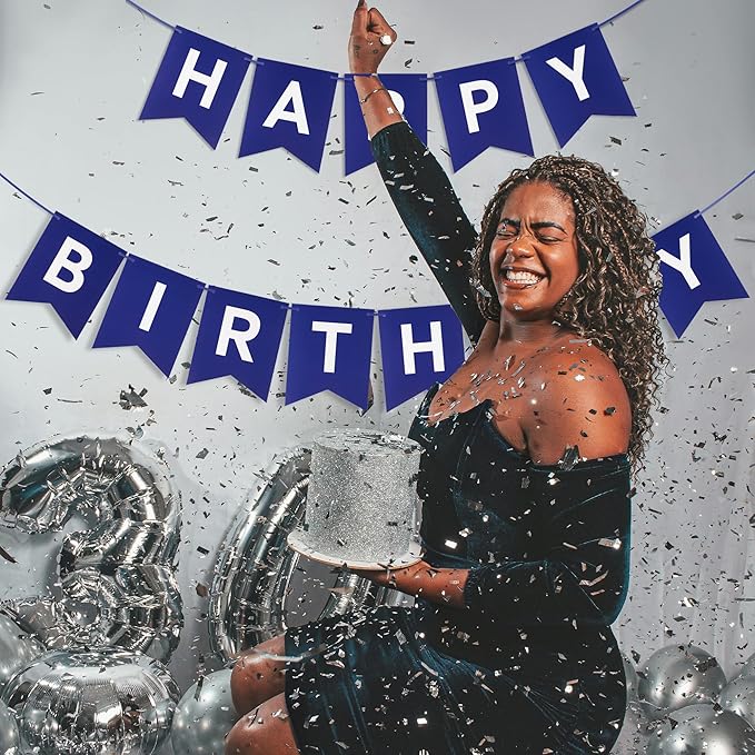 Blue Happy Birthday Banner - Navy Blue Hanging Backdrop Sign with White Letters, Happy Birthday Sign Bunting Decorations for Women men Kids Baby Shower Party Supplies (13pcs)