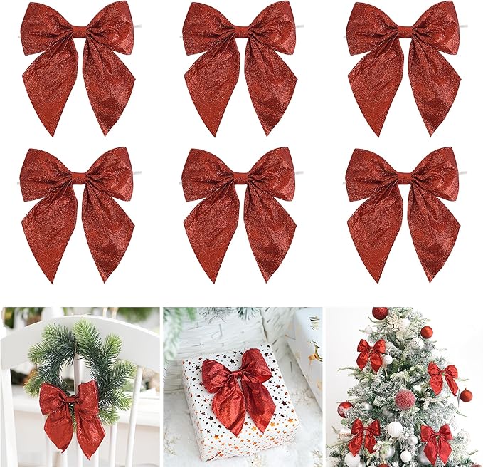AIMUDI Red Glitter Wired Ribbon Bows with Twist Tie 5.5" Premade Metallic Christmas Bows for Gift Wrapping, Wreath, Garland, Holiday Crafts Party Home Outdoor Christmas Tree Decorations, 12 PCs