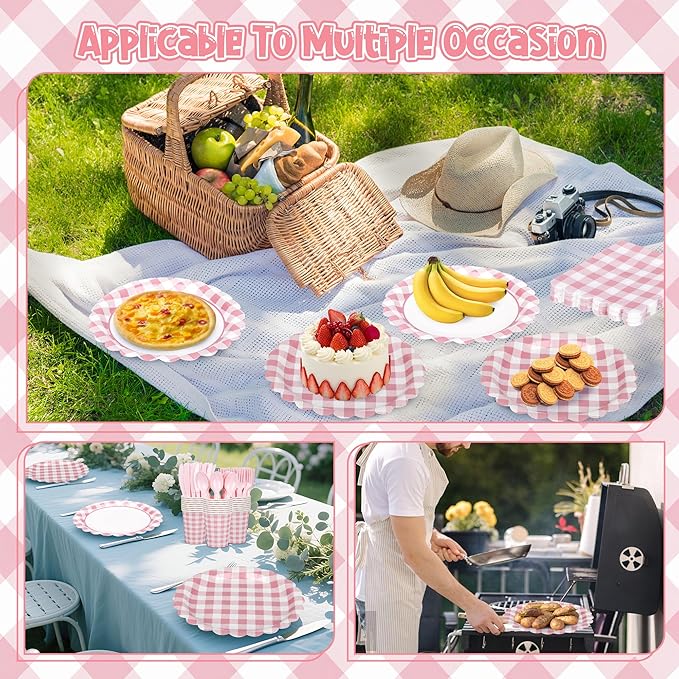 200 Pcs Light Pink Gingham Party Supplies Pink and White Scalloped Paper Plates and Napkins Cups Disposable Gingham Checkered Plaid Dessert Plates Tableware Set for Baby Shower Wedding BBQ