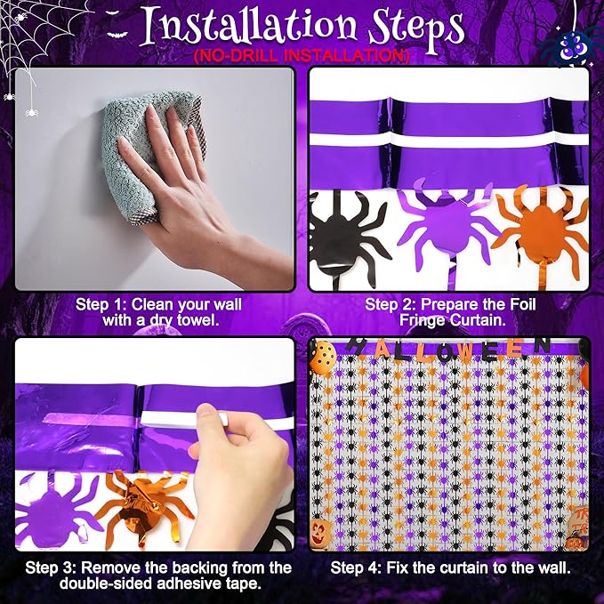 Halloween Party Decorations,2 Pack Orange Purple Black Spider Metallic Foil Fringe Curtains, 3.3 X 6.6 Ft Photo Booth Props Streamers Backdrop for Halloween Party Supplies Haunted House Decor