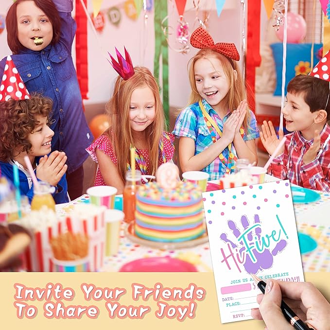 DETIHO 4" x 6" Hi Five Birthday Party Invitation Cards With Envelopes - Five Years Old Party - 5th Birthday Party Invitation - 20 Sets - E08