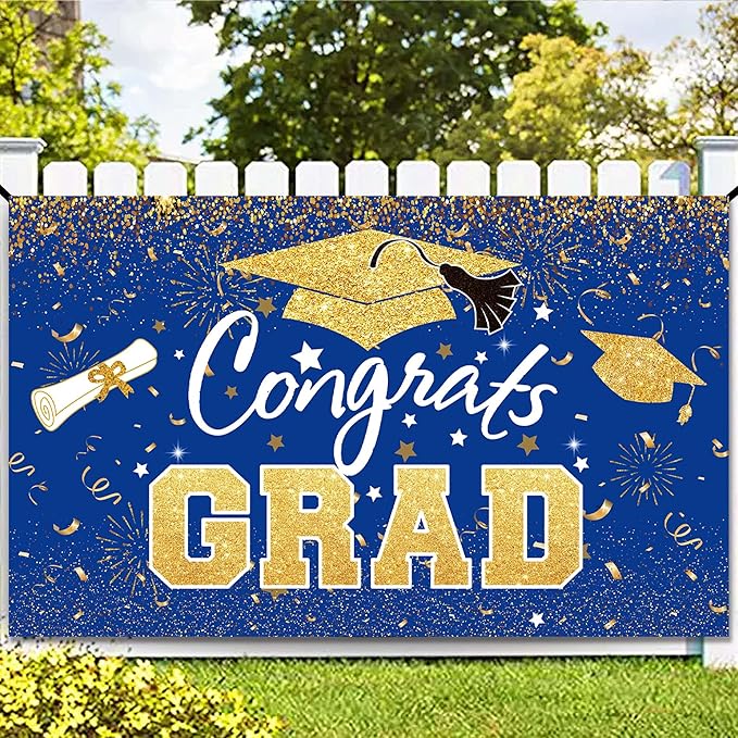 Graduation Party Decorations - Blue Gold Congrats Grad Class of 2026 Backdrop Banner Large Sign Wall Decorations Photography Background Party Supplies for 2026 Graduation Party Decorations
