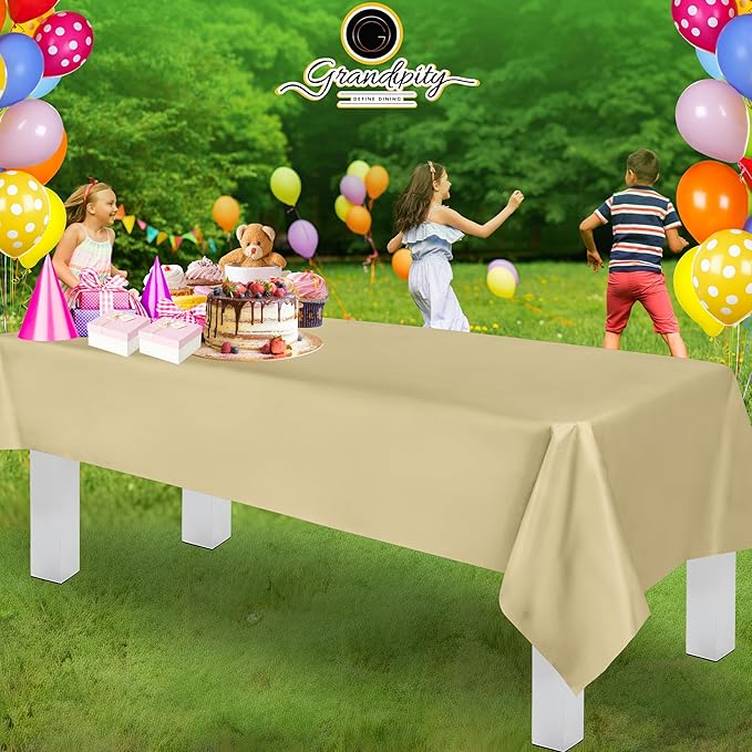 Grandipity 12 Pack Premium Disposable Plastic Tablecloth 54 Inch. x 108 Inch. Decorative Rectangle Table Cover - Beige