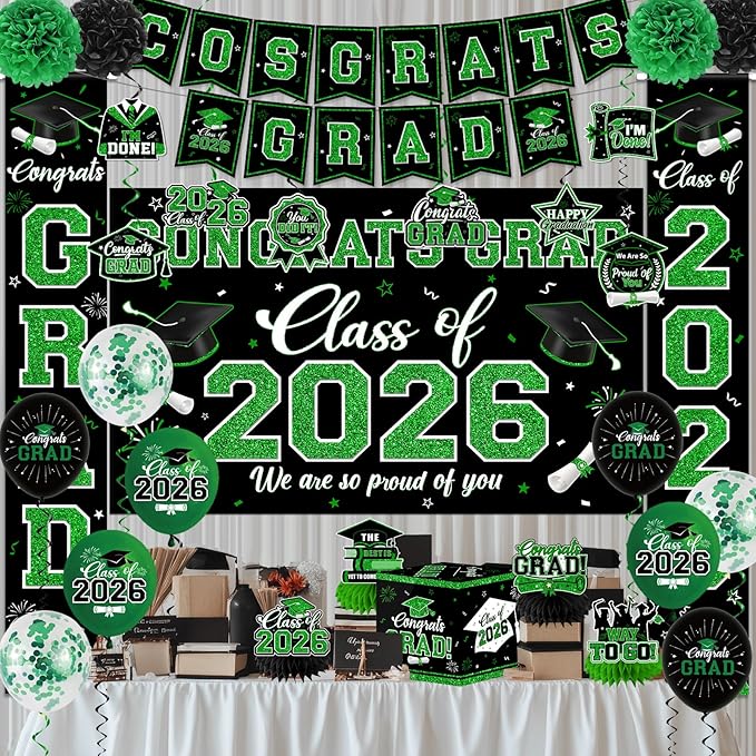 Graduation Decorations Class of 2026,Green Graduation Decorations 2026- Congrats Grad Decorations Banner ＆ Hanging Swirls,Graduation Card Box,Paper Pompoms,Balloons,Porch Sign for College Grad Party