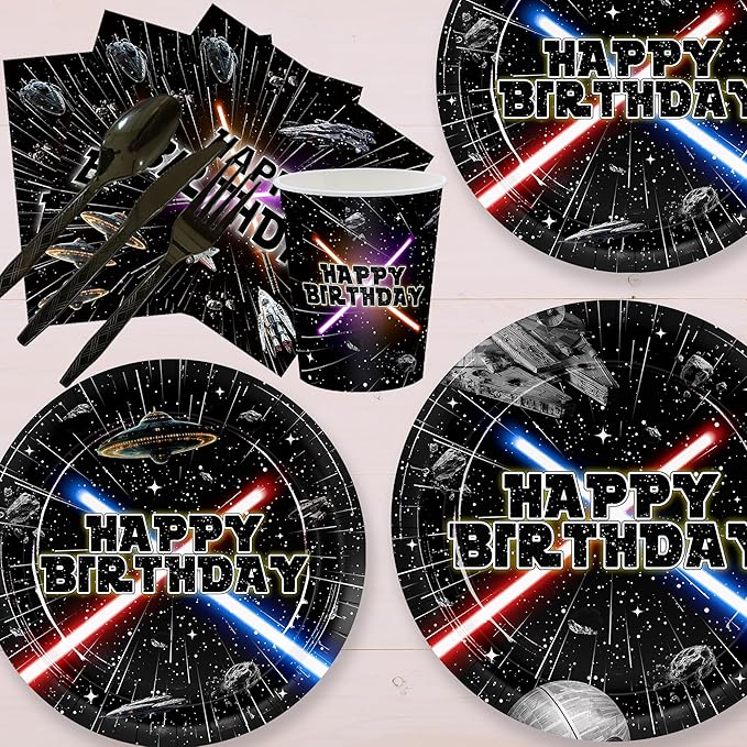 168pcs Galaxy Birthday Party Plate Napkin Disposable Tableware Set Paper Cup Black Forks Space Theme Decorations for Birthday Party Supplies Serve 24 Guests