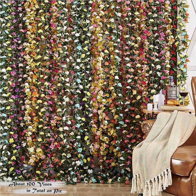 8 Pcs x 8.2 ft Flower Garland Artificial Rose Vine Flowers with Green Leaves Hanging Fake Roses Vine for Room Party Home Wedding Birthday Christmas Wall Arch Decor, Champagne Pink Flower