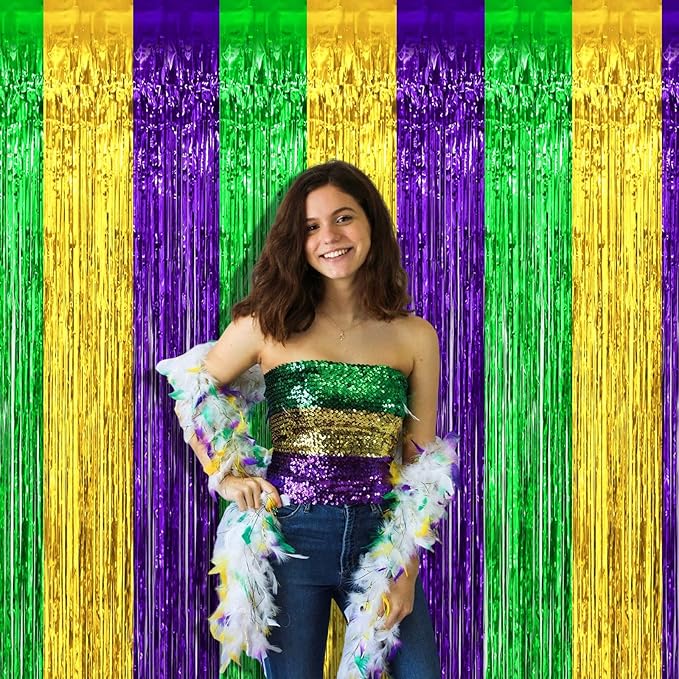 4 Pack 3.2Ft x 9.8Ft Mardi Gras Foil Fringe Curtain Backdrop, Gold Green Purple Metallic Tinsel Foil Fringe Streamers Curtains Background for Photo Booth, Birthday, Wedding, Carnival Party Decoration