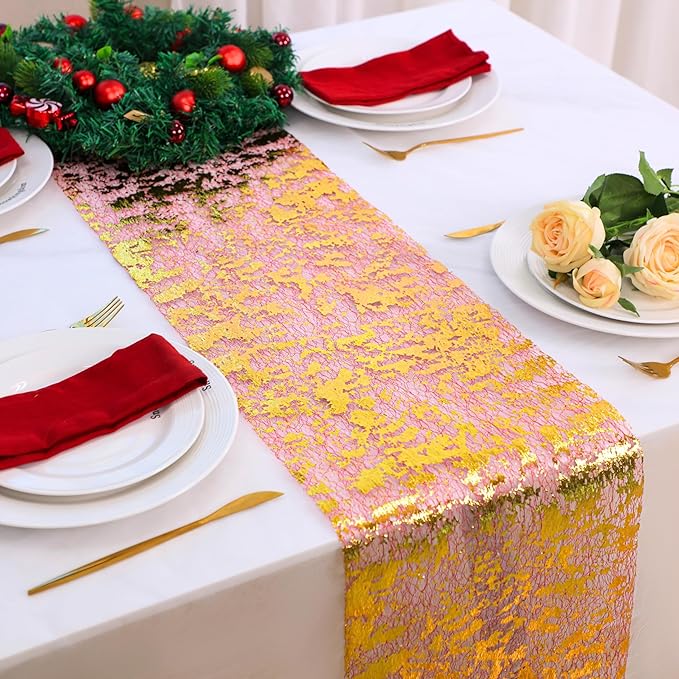 Snowkingdom 2Pcs Red Gold Table Runner, 11×108 Inch Sequin Glitter Foil Metallic Thin Mesh Table Runner, Gold Sparkle Centerpiece for Wedding Party Birthday Holiday Kitchen Dinner Decoration