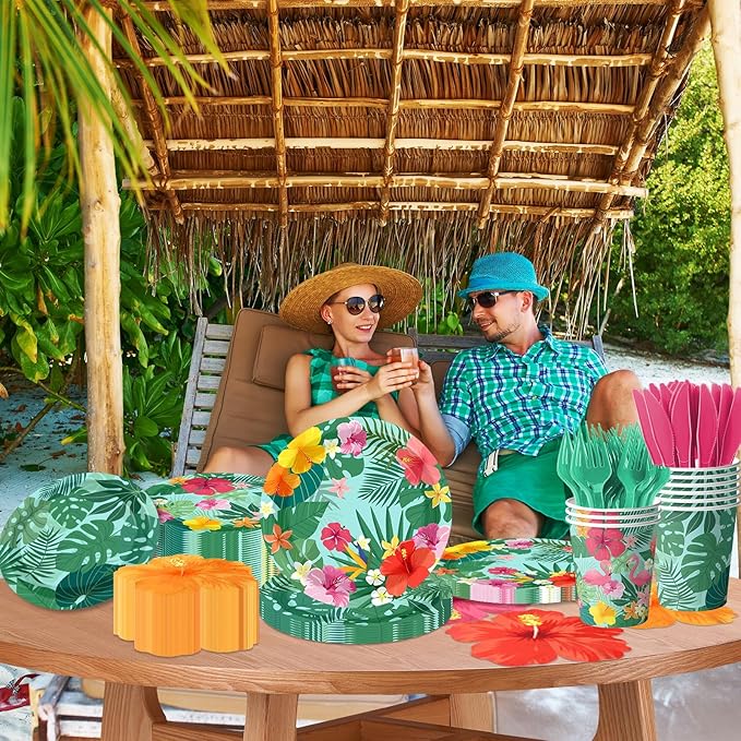 144Pcs Tropical Luau Party Supplies Hawaiian Hibiscus Floral Disposable Paper Plates and Napkins Palm Leaf Themed Tableware Set for Summer Beach Aloha Birthday Decorations