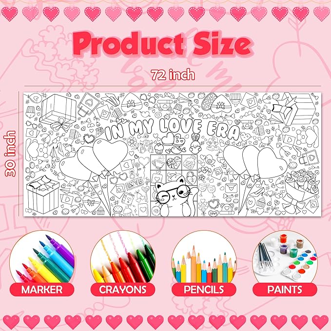 OHOME Valentines Crafts for Kids - Valentines Day Giant Coloring Poster/Tablecloth - 72×30 Inch Valentine's Day Banner Gifts Treats Activities Decor Party Decorations for Classroom School