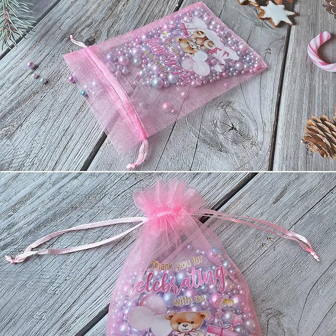 LXKBD 50PCS Organza Bags for Baby Shower Party Favor,4x6 Inch Small Pink Sheer Drawstring Mesh Pouch Treat Bags for Girl Birthday Gift Bag