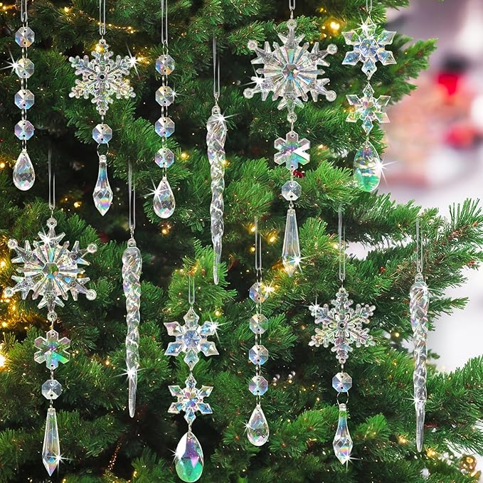 GuassLee 36pcs Crystal Christmas Tree Ornaments - Iridescent Acrylic Snowflake Icicle Drop Crystal Hanging Ornaments for Christmas Tree Winter Wonderland Frozen Themed Birthday Party Decor