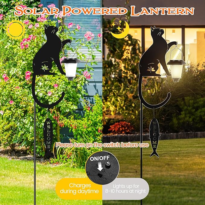 Metal Cat Stake with Solar Light, Outdoor Decorative Black Cat Holding Lantern Garden Stakes with Welcome Sign Halloween Witch Hat & Spider Web for Garden Lawn Yard Pathway Halloween Decor
