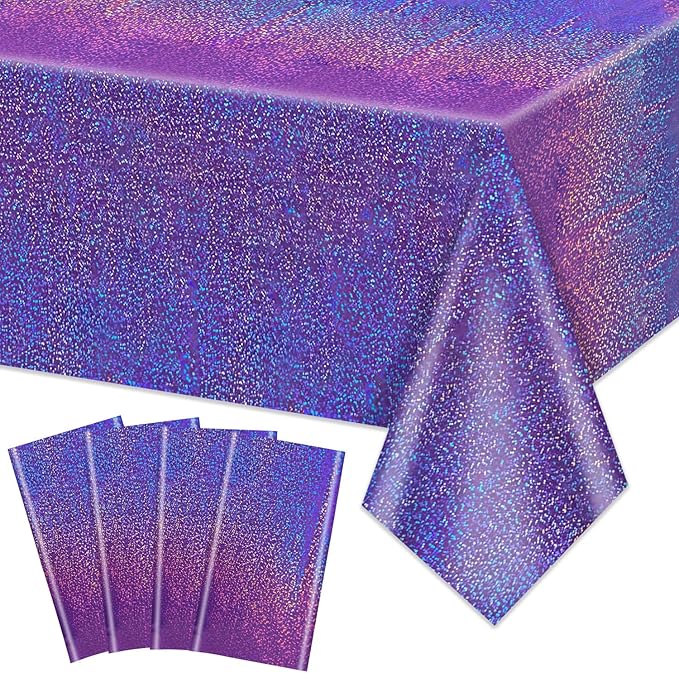 4Pcs Purple Holographic Tablecloths Rectangular Purple Iridescent Tablecloth Shimmer Metallic Table Covers for Butterfly Mermaid Party Birthday Wedding Christmas Holiday Party Decorations, 54x108Inch