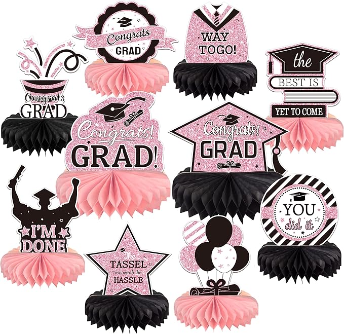10PCS Graduation Decorations Class of 2025 Centerpieces, Congrats Grad Honeycomb Table Toppers for Graduation Party Favors, 2026 Graduation Party Decorations (10PCS, Glitter Pink & Blue)