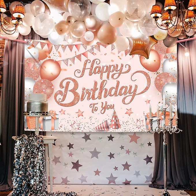 KatchOn, Rose Gold Happy Birthday Banner - XtraLarge 72x44 Inch | Happy Birthday Decorations for Girls, Women | Hbd Banner for Rose Gold Party Decoration